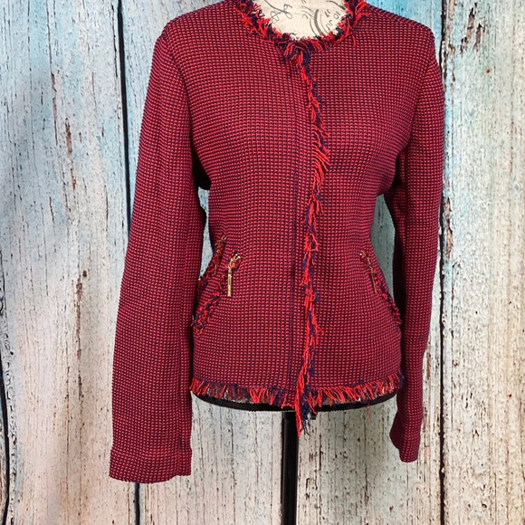 PAPERWHITE EUC Red Navy Textured Fringed Blazer - Picture 14 of 14
